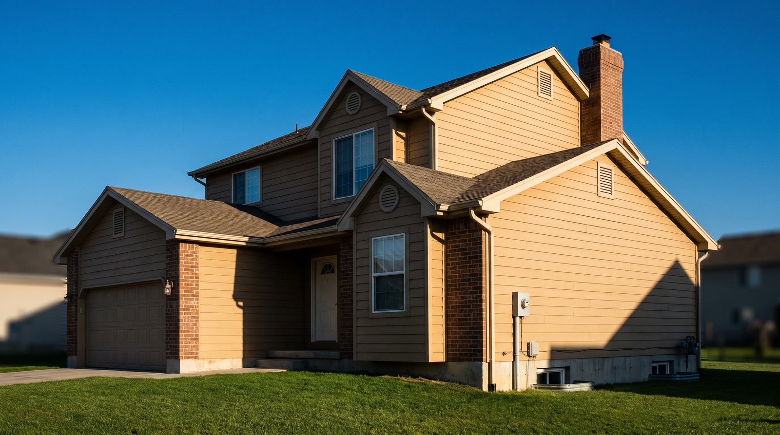 Home exterior with the most common pest entry points numbered — chimney, gable and attic vents, soffits and eaves, doors and windows, utility penetrations, and foundation vents